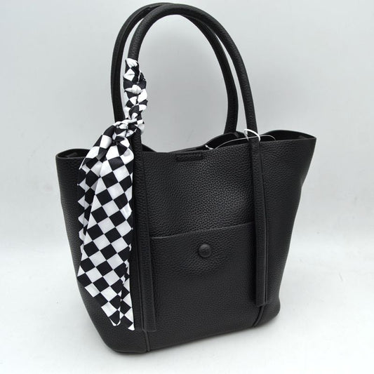 Classic Pebbled Tote Bag with Front Pocket and Checkered Scarf Accent
