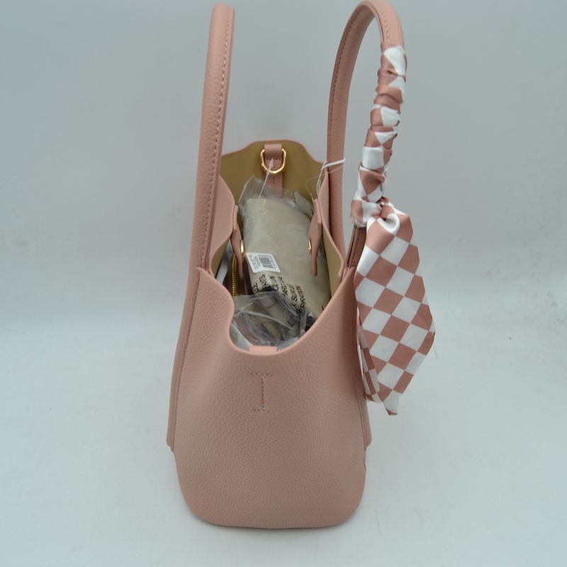 Classic Pebbled Tote Bag with Front Pocket and Checkered Scarf Accent