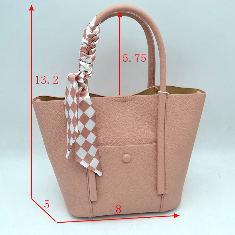 Classic Pebbled Tote Bag with Front Pocket and Checkered Scarf Accent