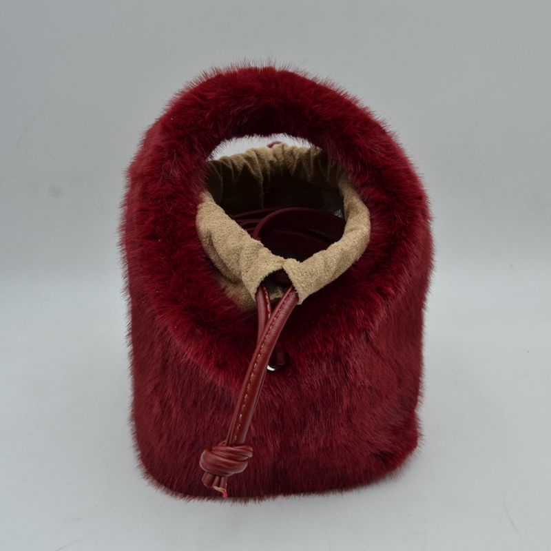 Plush Faux Fur Bucket Handbag with Drawstring and Removable Strap
