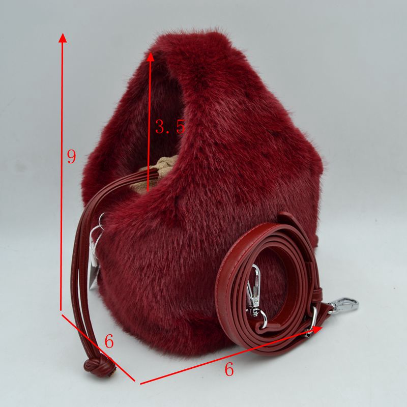Plush Faux Fur Bucket Handbag with Drawstring and Removable Strap