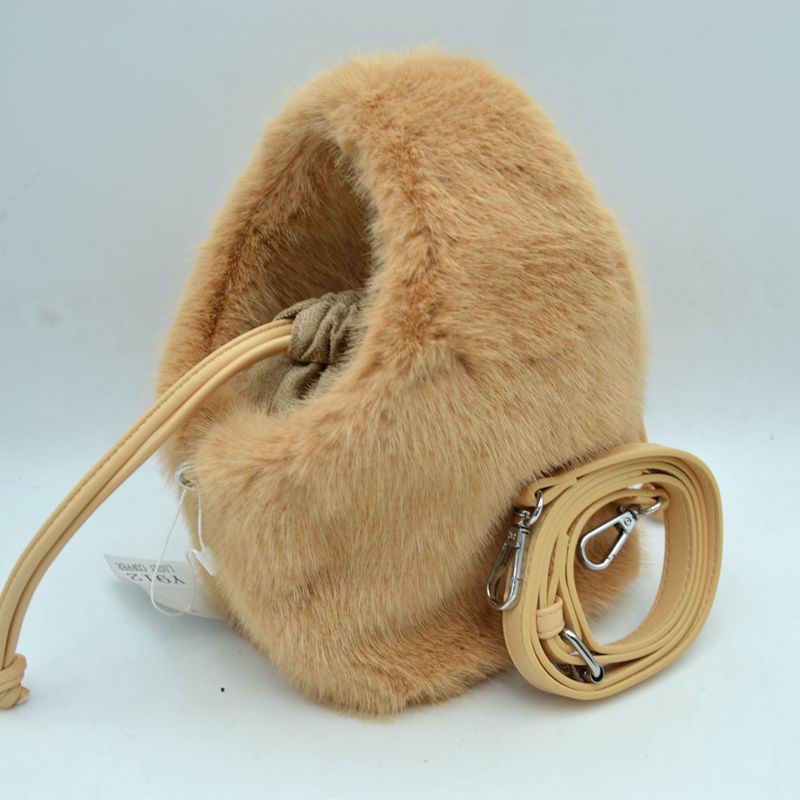 Plush Faux Fur Bucket Handbag with Drawstring and Removable Strap