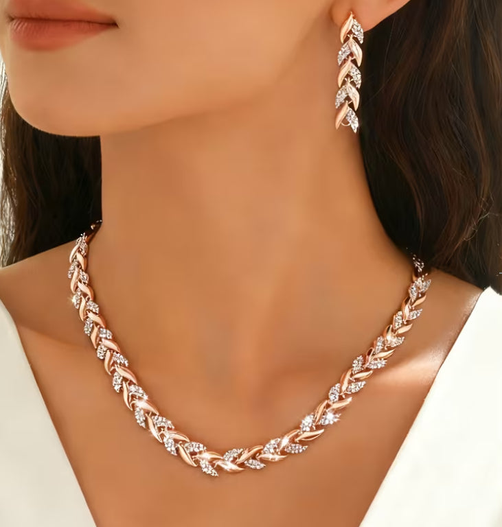 2PCS Glass Leaf Necklace Set Elegant Rhinestone Chain Necklace Bracelet For Women Fashion Luxury Jewelry Set
