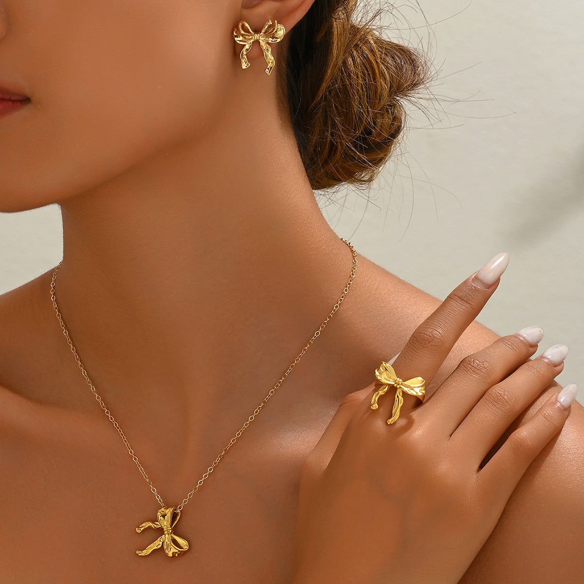 Fashion European American Office Lady Jewelry Set, Niche Bow Design Elegant Matching Earrings & Pendant Necklace For Women Daily Wear