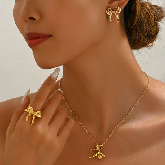 Fashion European American Office Lady Jewelry Set, Niche Bow Design Elegant Matching Earrings & Pendant Necklace For Women Daily Wear