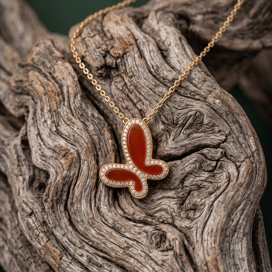 Red Agate w/ 18k Gold & Cubic Zirconia Butterfly Necklace Jewelry