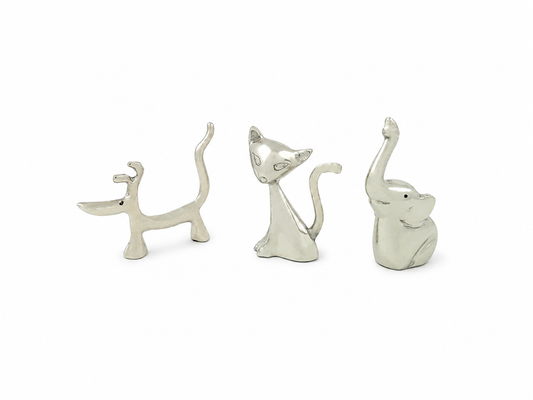 Dog, Cat & Elephant Ring Holders Set - Silver
