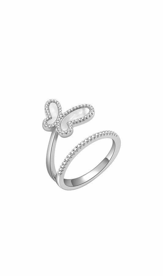 .925 Silver w/ Mother Of Pearl Cubic Zirconia Encrusted Swirl Butterfly Ring Jewelry