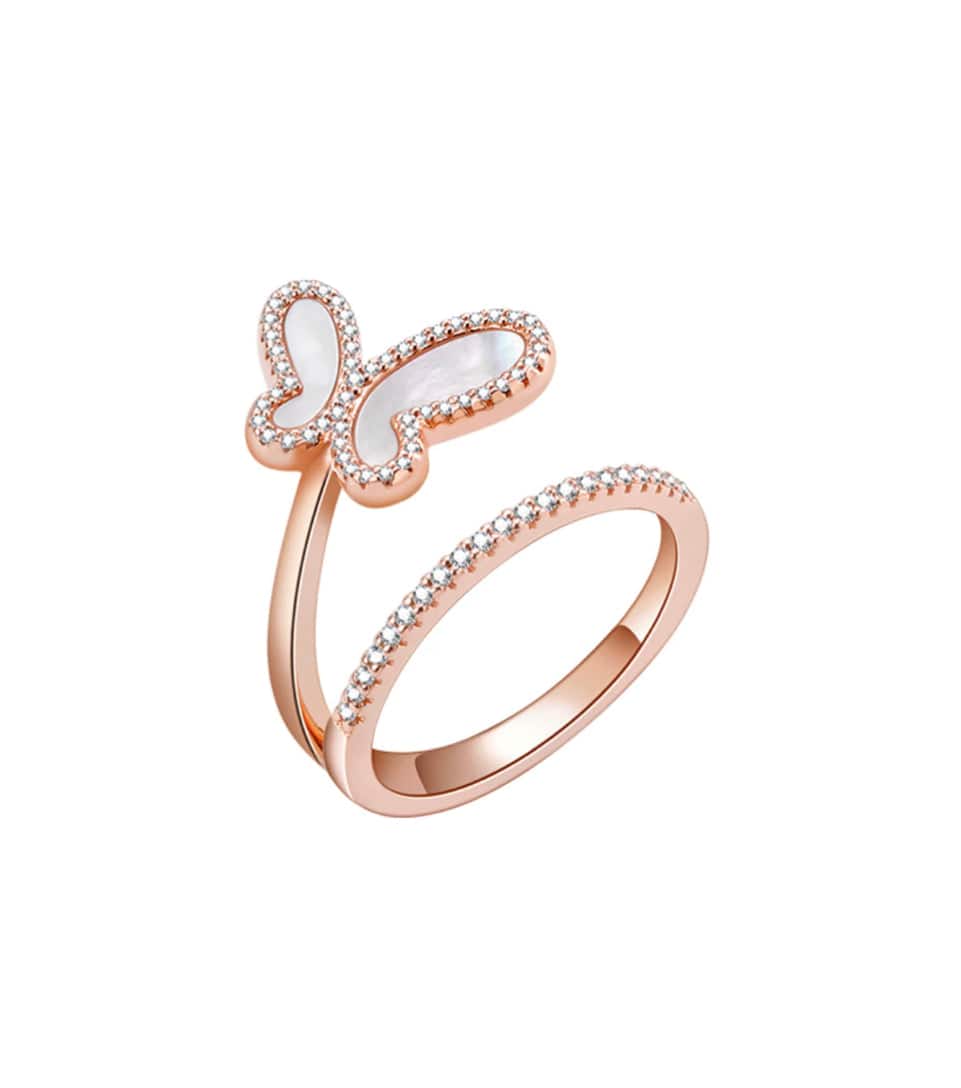 .925 Silver w/ Mother Of Pearl Cubic Zirconia Encrusted Swirl Butterfly Ring Jewelry